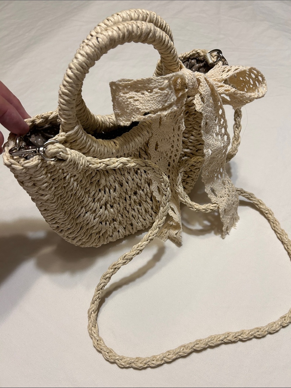 Handwoven Mini Straw Crossbody Bag with Lace Bow - Cream